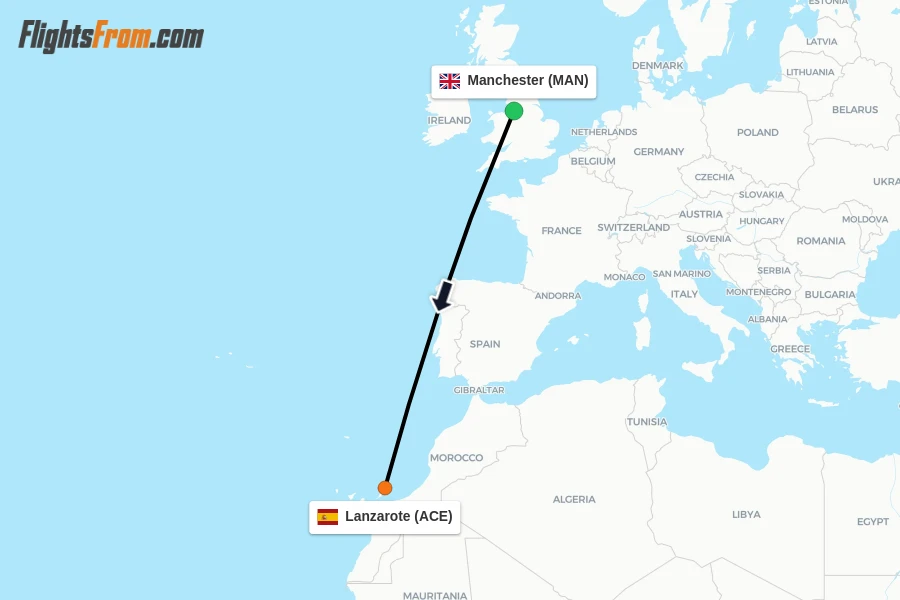 Flights from Manchester to Lanzarote route map