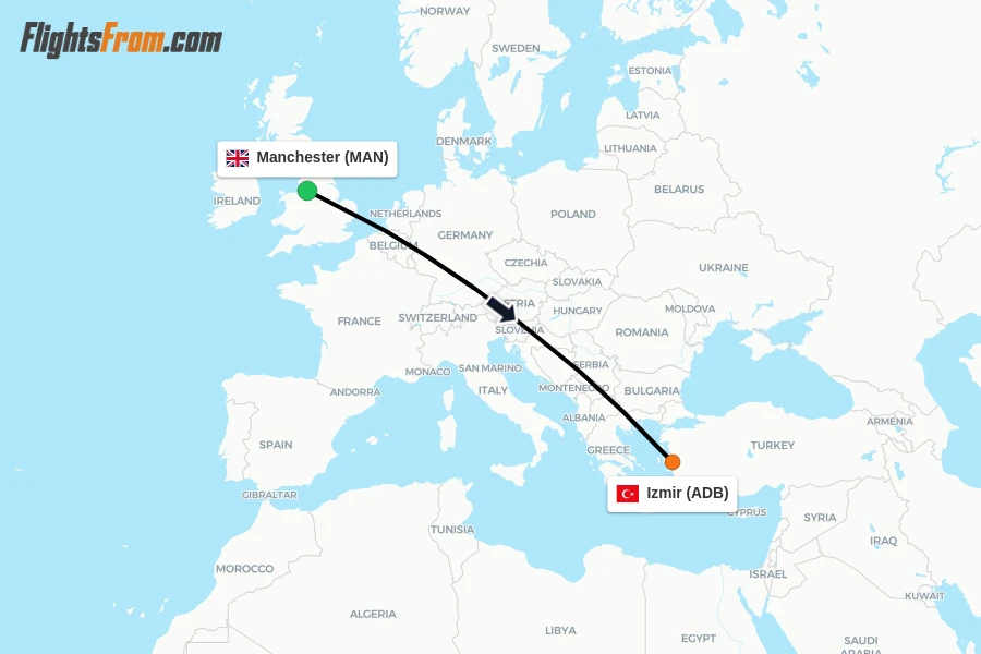 Flights from Manchester to Izmir route map