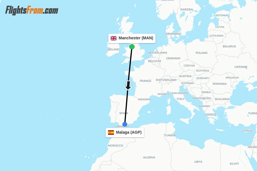 Flights from Manchester to Malaga route map