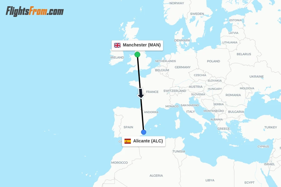 Flights from Manchester to Alicante route map
