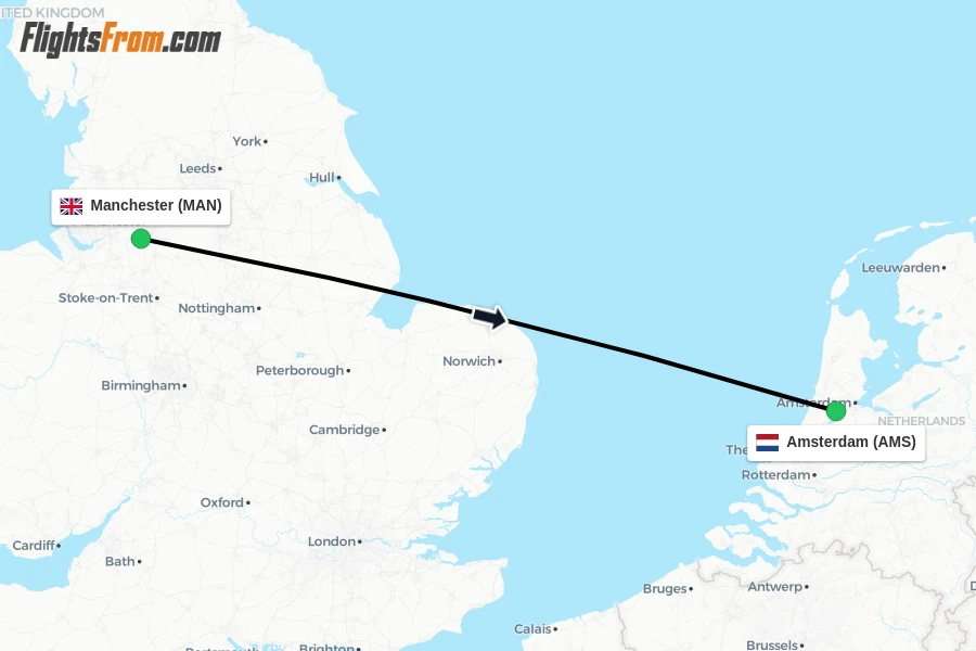 Flights from Manchester to Amsterdam route map