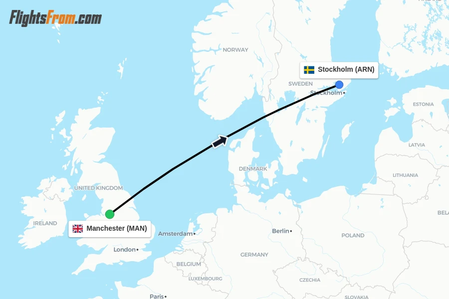 Flights from Manchester to Stockholm route map