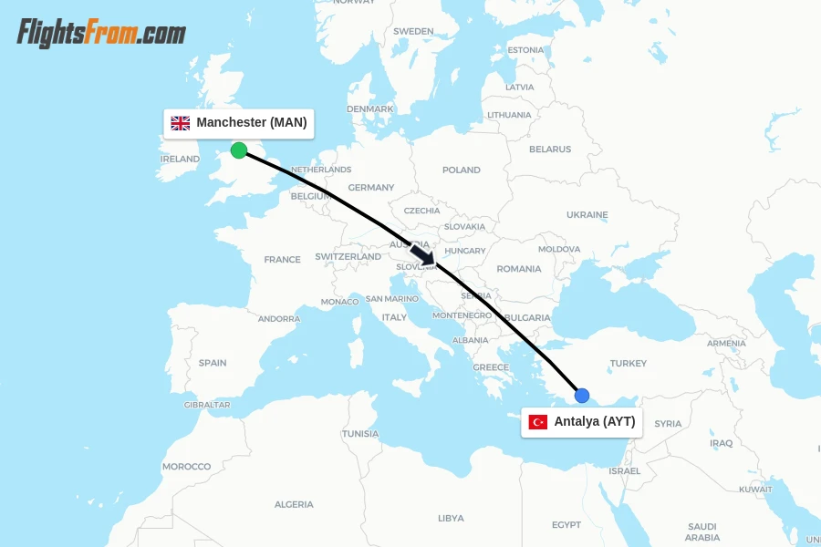 Flights from Manchester to Antalya route map