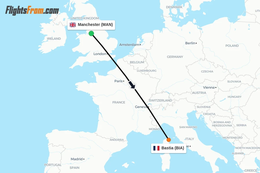Flights from Manchester to Bastia route map