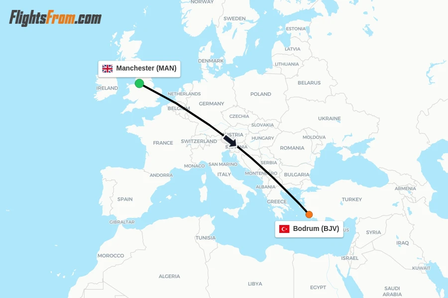 Flights from Manchester to Bodrum route map