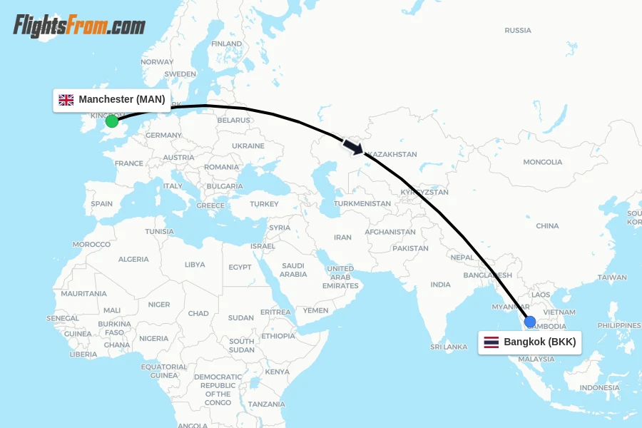 Flights from Manchester to Bangkok route map