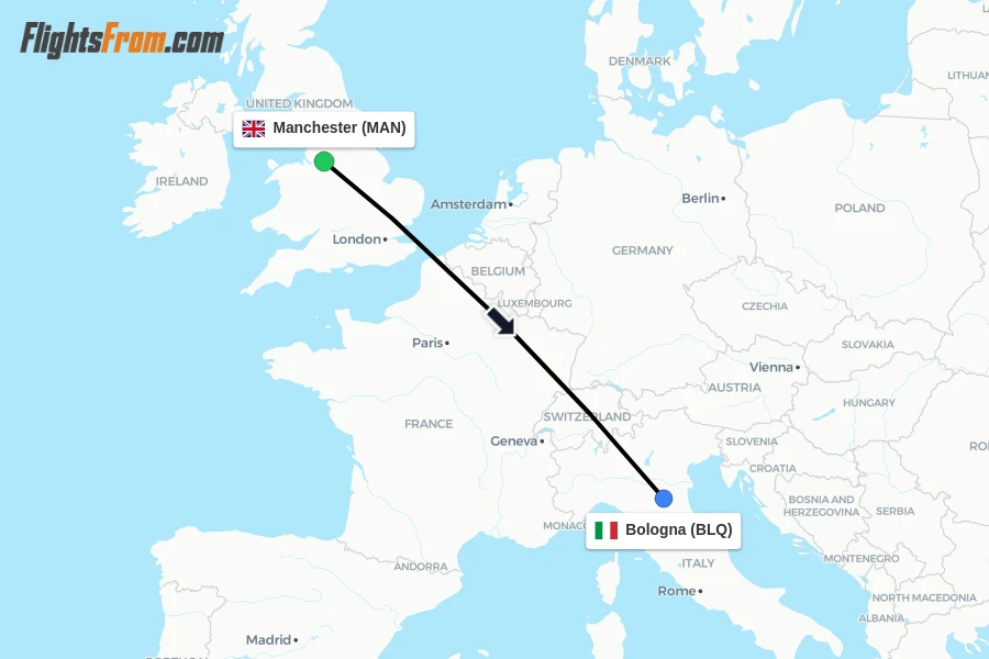 Flights from Manchester to Bologna route map