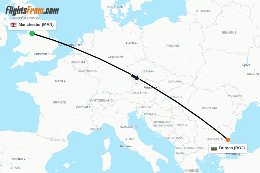 Flights from Manchester to Burgas route map