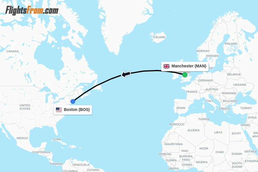 Flights from Manchester to Boston route map