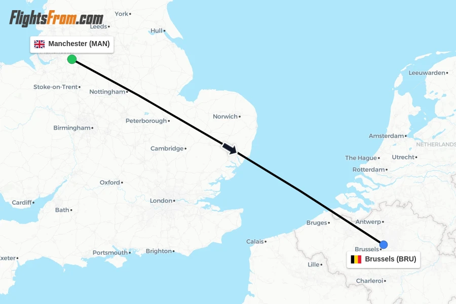 Flights from Manchester to Brussels route map