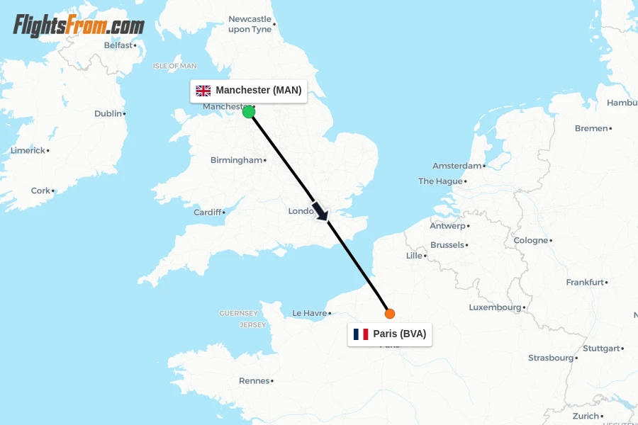 Flights from Manchester to Paris route map