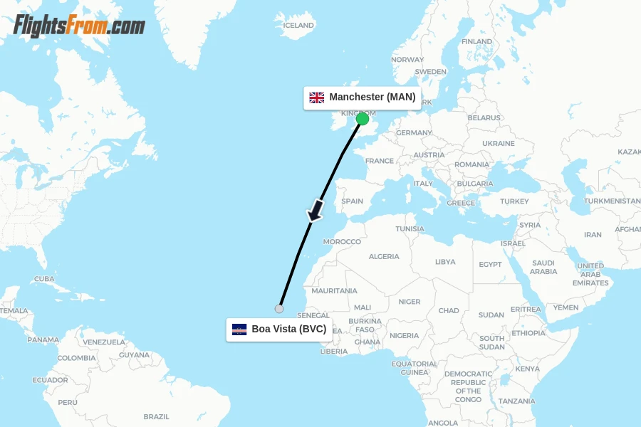 Flights from Manchester to Boa Vista route map