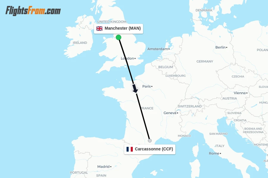 Flights from Manchester to Carcassonne route map