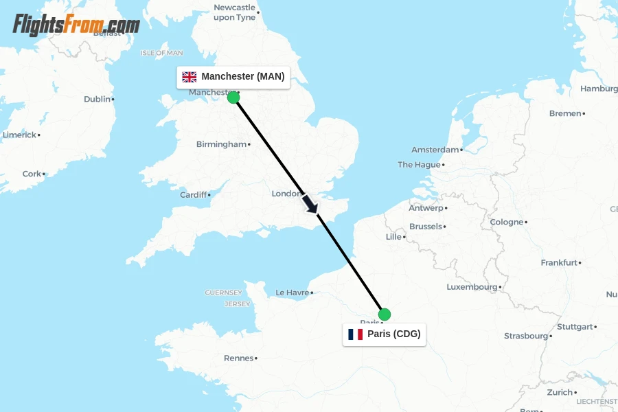 Flights from Manchester to Paris route map