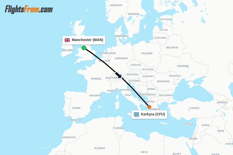 Flights from Manchester to Kerkyra route map