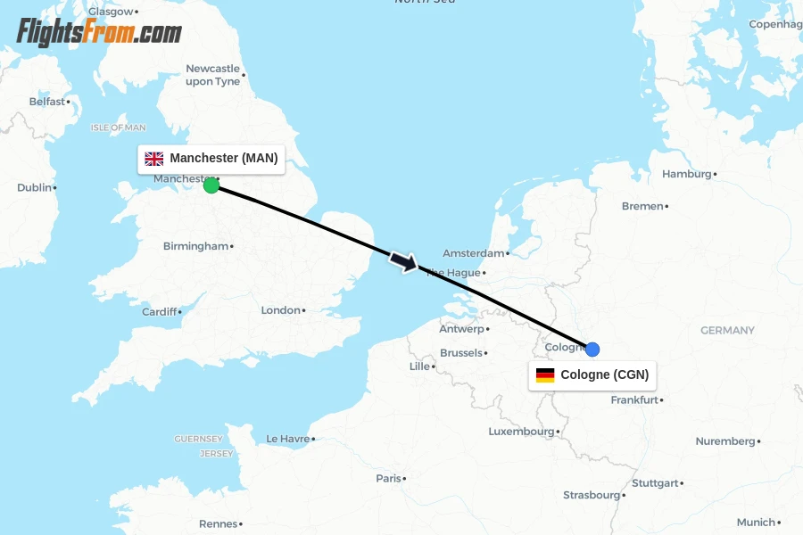 Flights from Manchester to Cologne route map