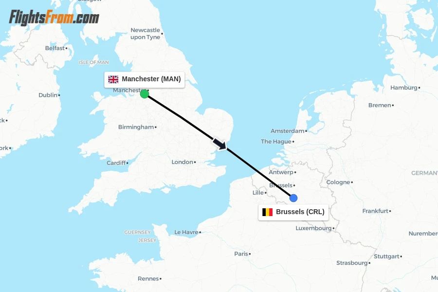 Flights from Manchester to Brussels route map