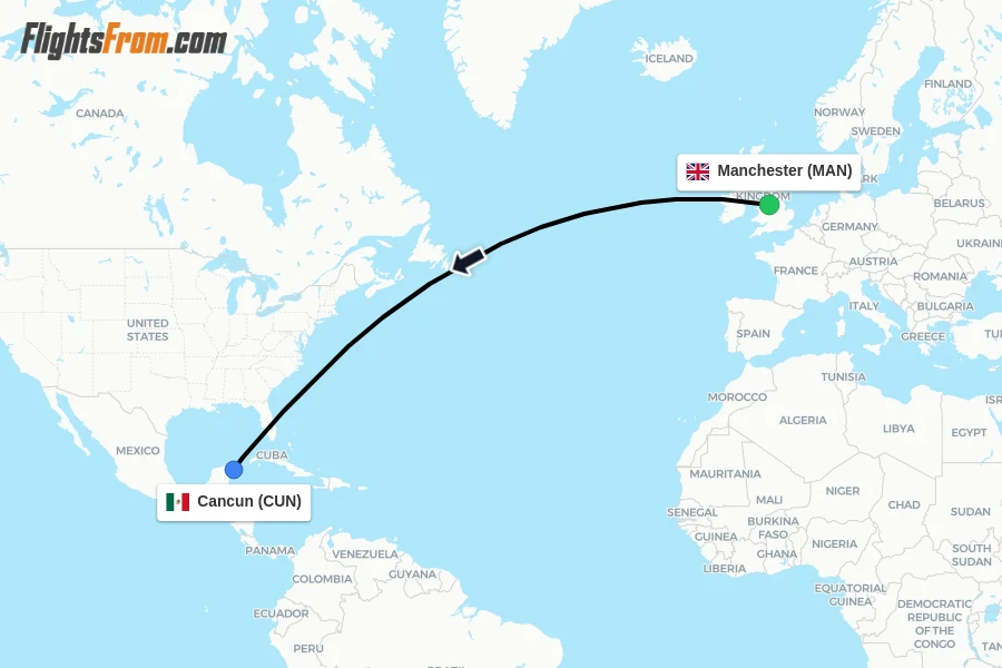 Flights from Manchester to Cancun route map