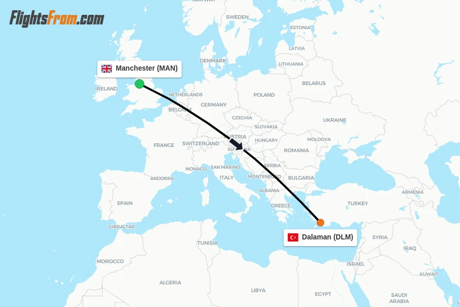 Flights from Manchester to Dalaman route map