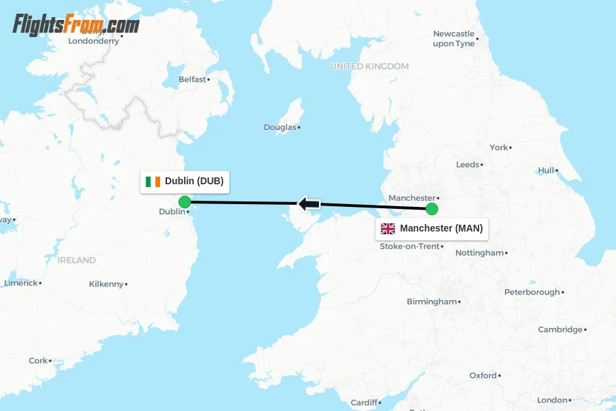 Flights from Manchester to Dublin route map