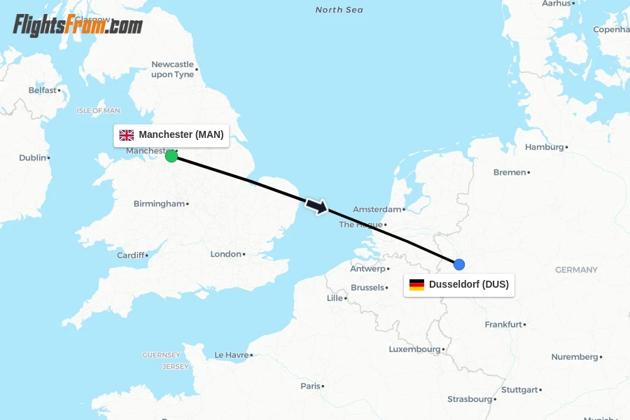 Flights from Manchester to Dusseldorf route map