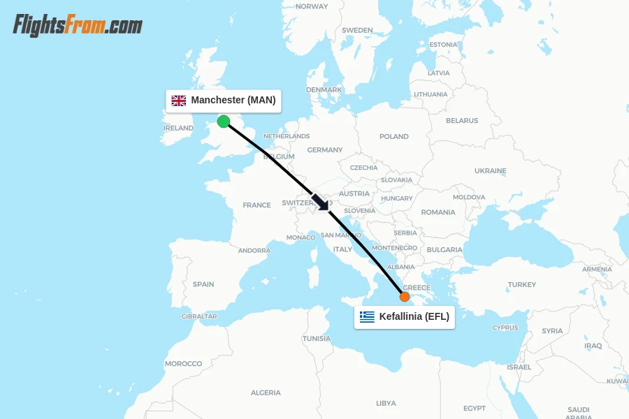 Flights from Manchester to Kefallinia route map