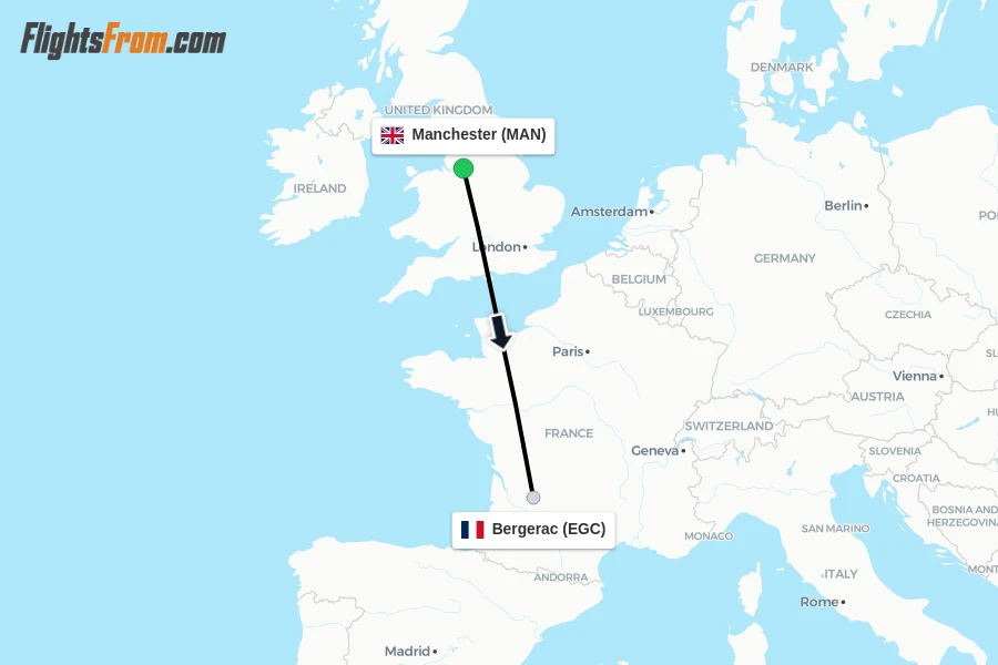 Flights from Manchester to Bergerac route map