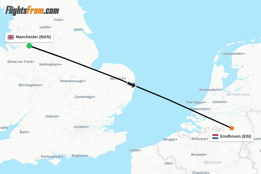 Flights from Manchester to Eindhoven route map