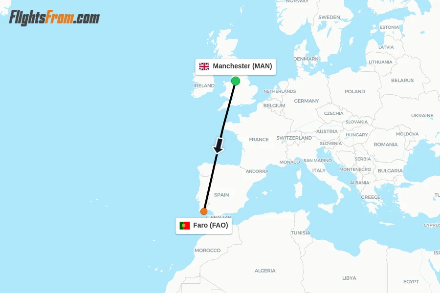 Flights from Manchester to Faro route map