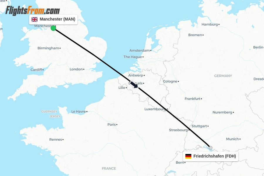 Flights from Manchester to Friedrichshafen route map