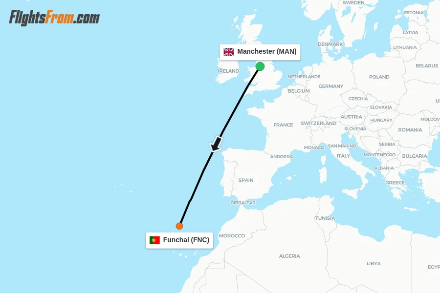 Flights from Manchester to Funchal route map
