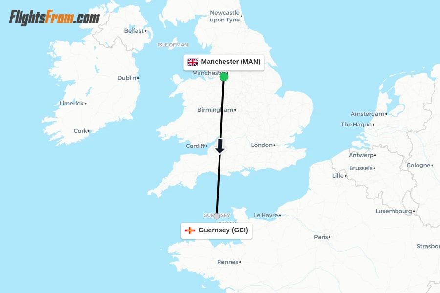 Flights from Manchester to Guernsey route map