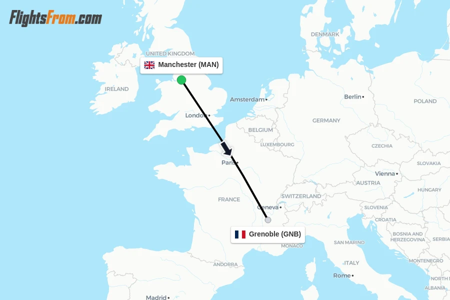 Flights from Manchester to Grenoble route map
