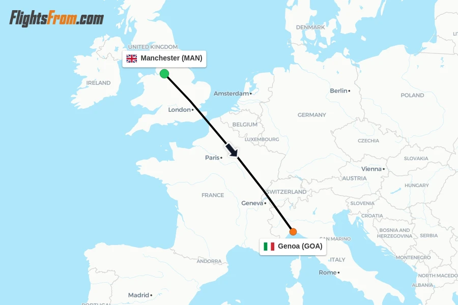 Flights from Manchester to Genoa route map