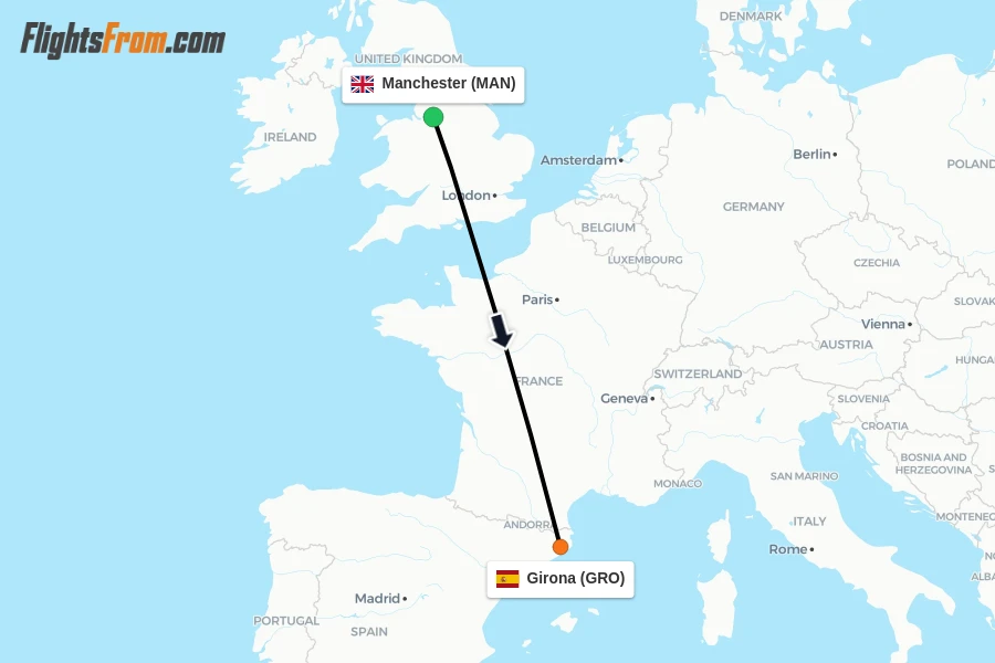 Flights from Manchester to Girona route map