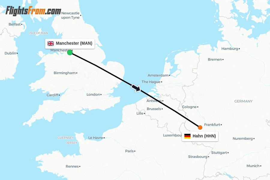 Flights from Manchester to Hahn route map