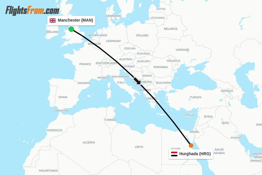 Flights from Manchester to Hurghada route map