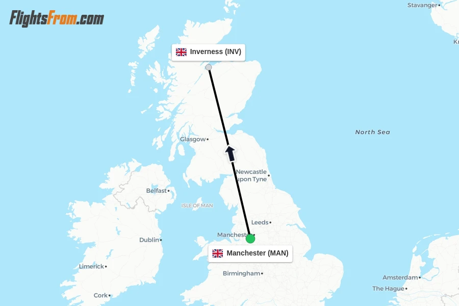 Flights from Manchester to Inverness route map