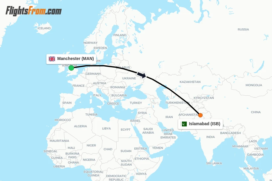 Flights from Manchester to Islamabad route map
