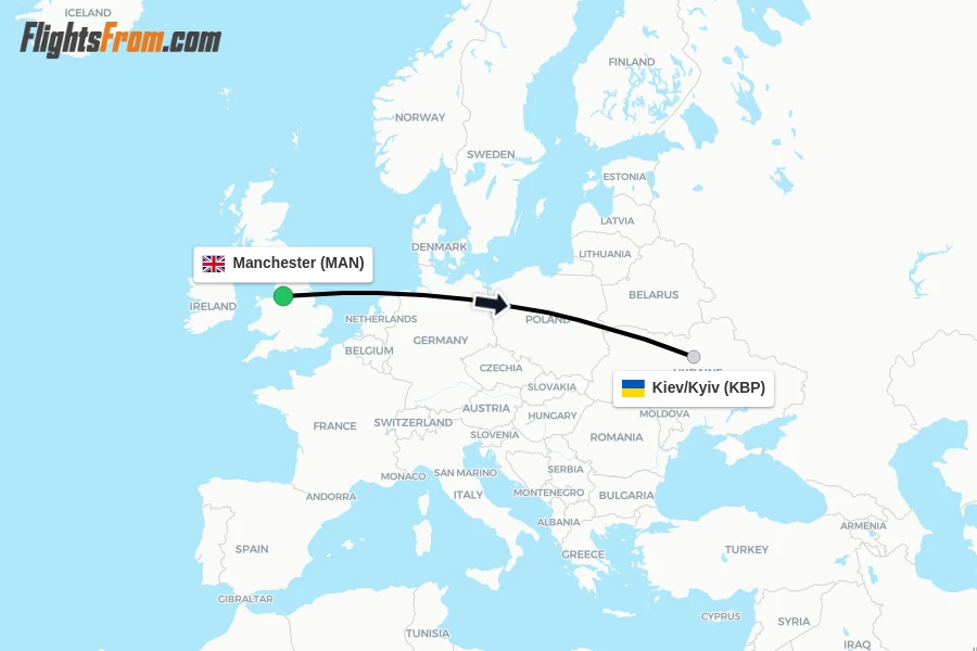 Flights from Manchester to Kiev/Kyiv route map