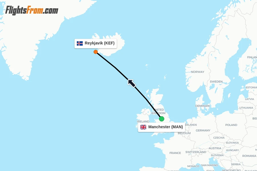 Flights from Manchester to Reykjavik route map