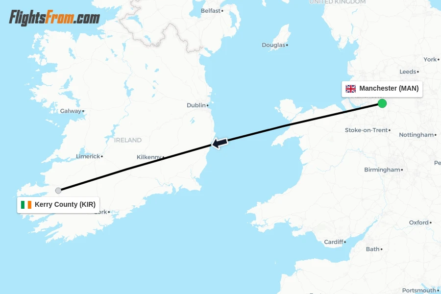 Flights from Manchester to Kerry County route map