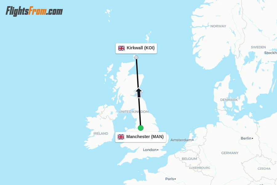 Flights from Manchester to Kirkwall route map