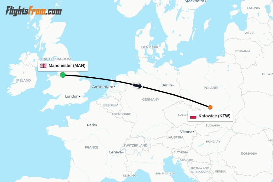 Flights from Manchester to Katowice route map