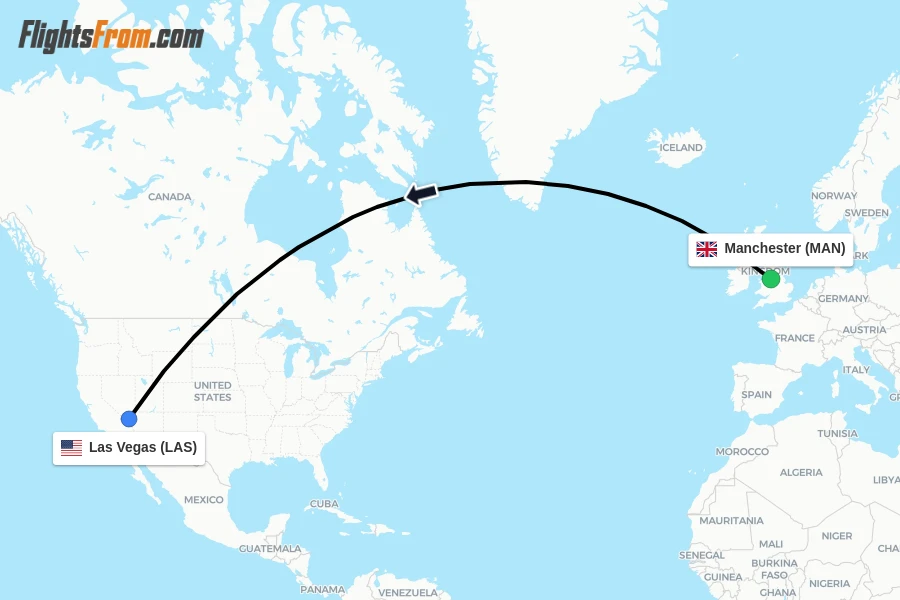 Flights from Manchester to Las Vegas route map