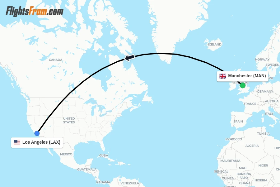 Flights from Manchester to Los Angeles route map