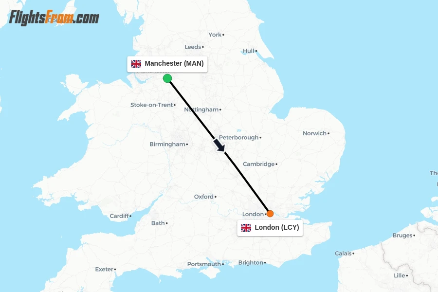 Flights from Manchester to London route map