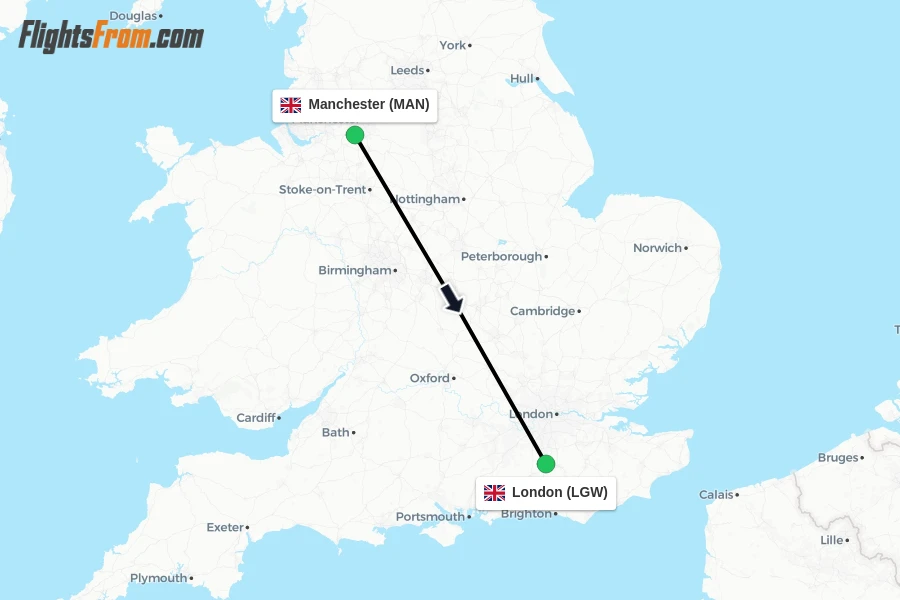 Flights from Manchester to London route map
