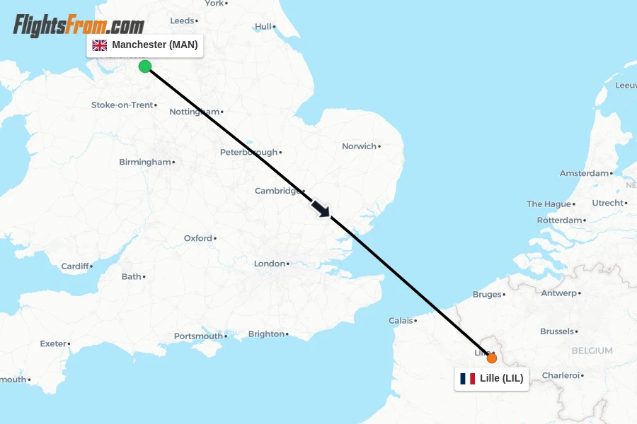 Flights from Manchester to Lille route map