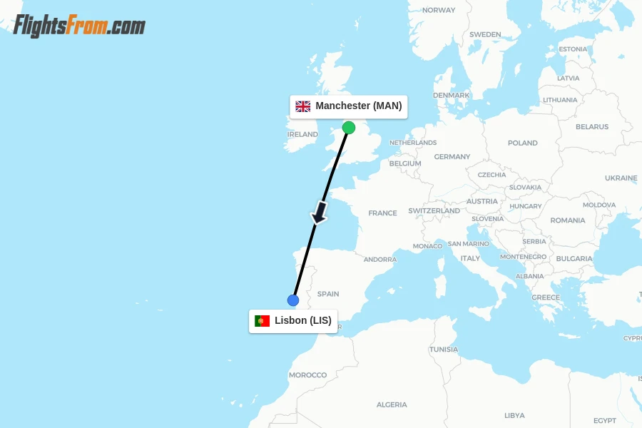 Flights from Manchester to Lisbon route map